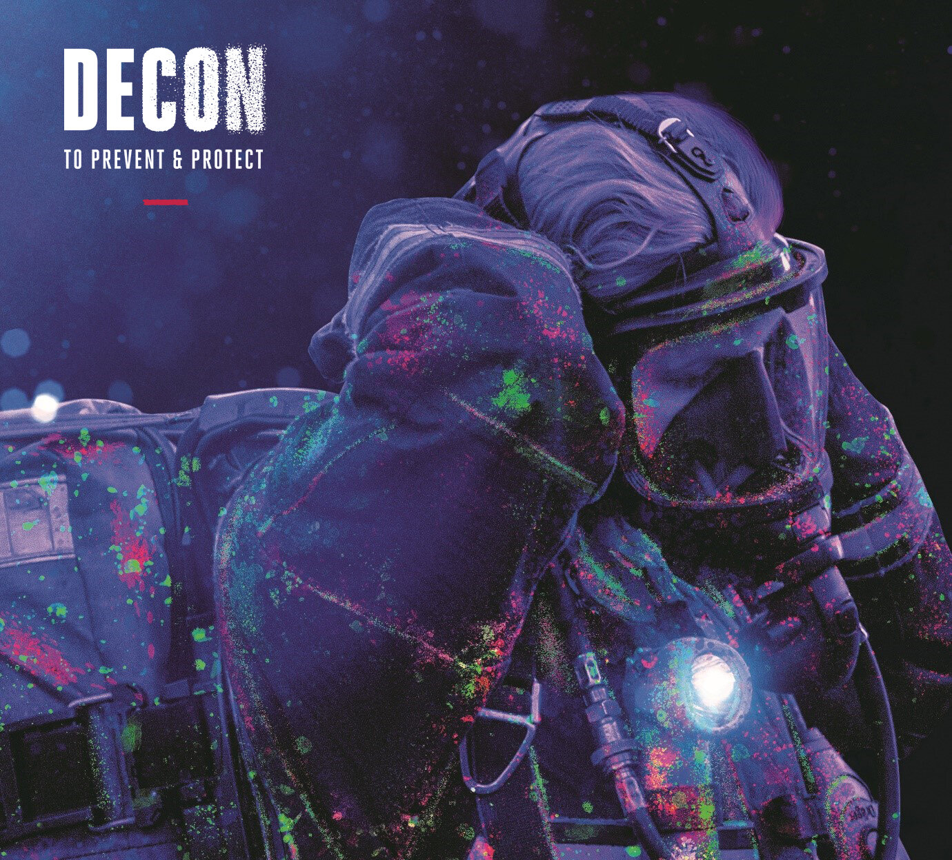 A stylised image of a firefighter adjusting their breathing apparatus, covered in contaminants 