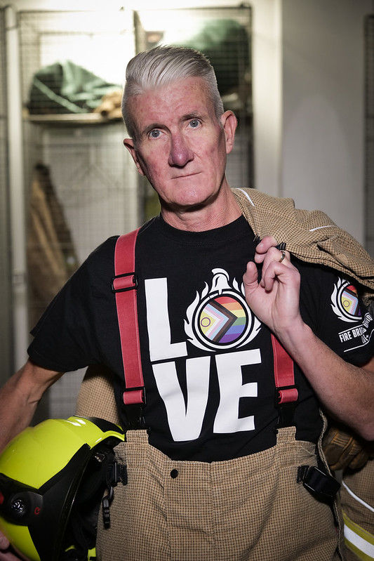 Pat Carberry wearing a FBU LGBTQ+ t shirt