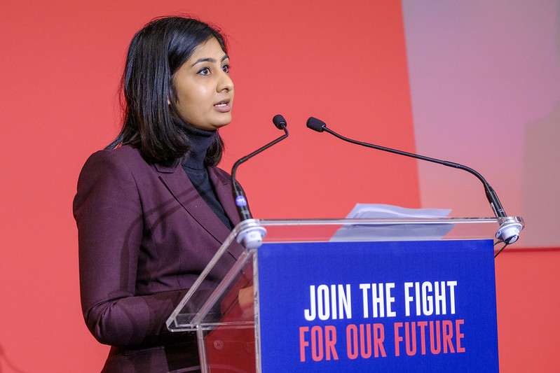 Zarah Sultana speaking at firefighter's manifesto rally