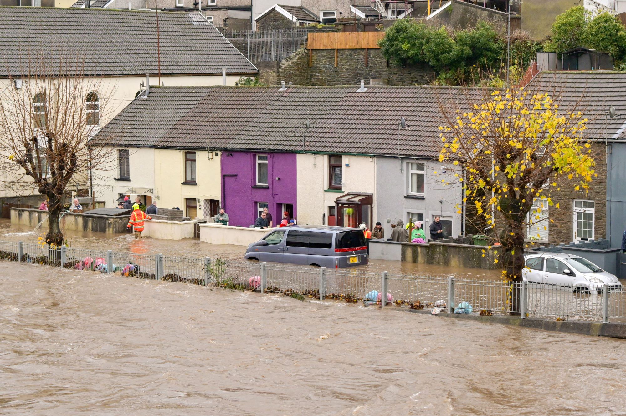 A row of houses in Wales flooded by Storm Bert