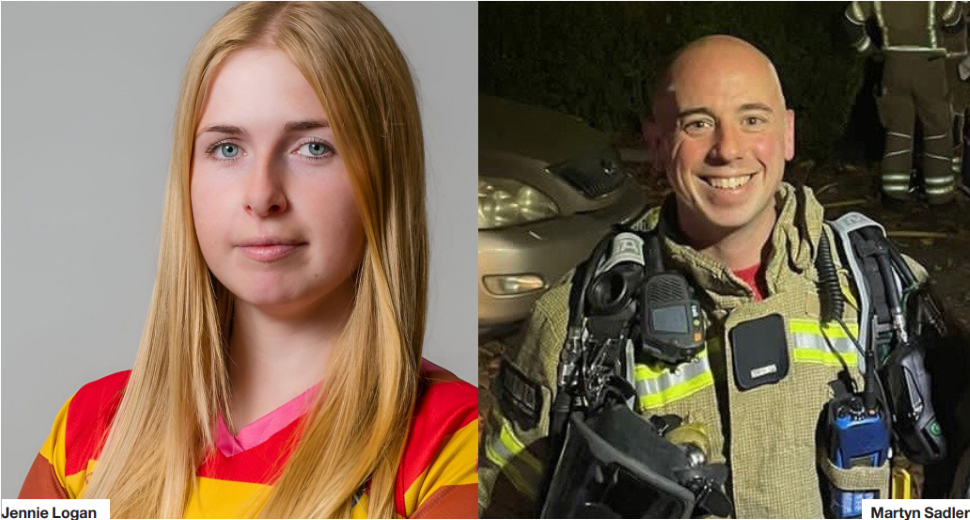 A photo of firefighter Jennie Logan smiling on left, with Maryn Sadler smiling in firefighter kit in photo on right