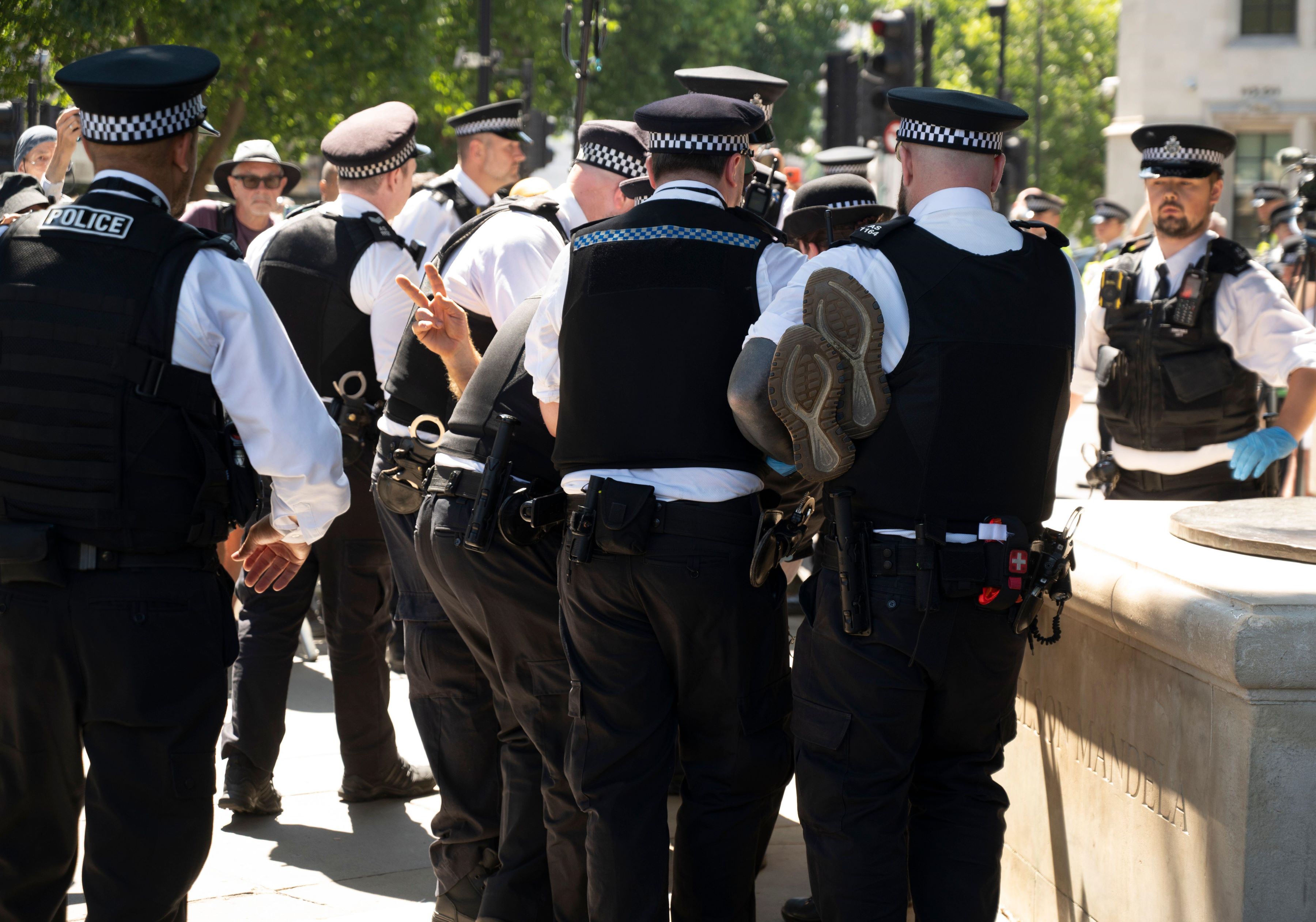 Police officers carry a protestor whose hand is visible making the peace sign