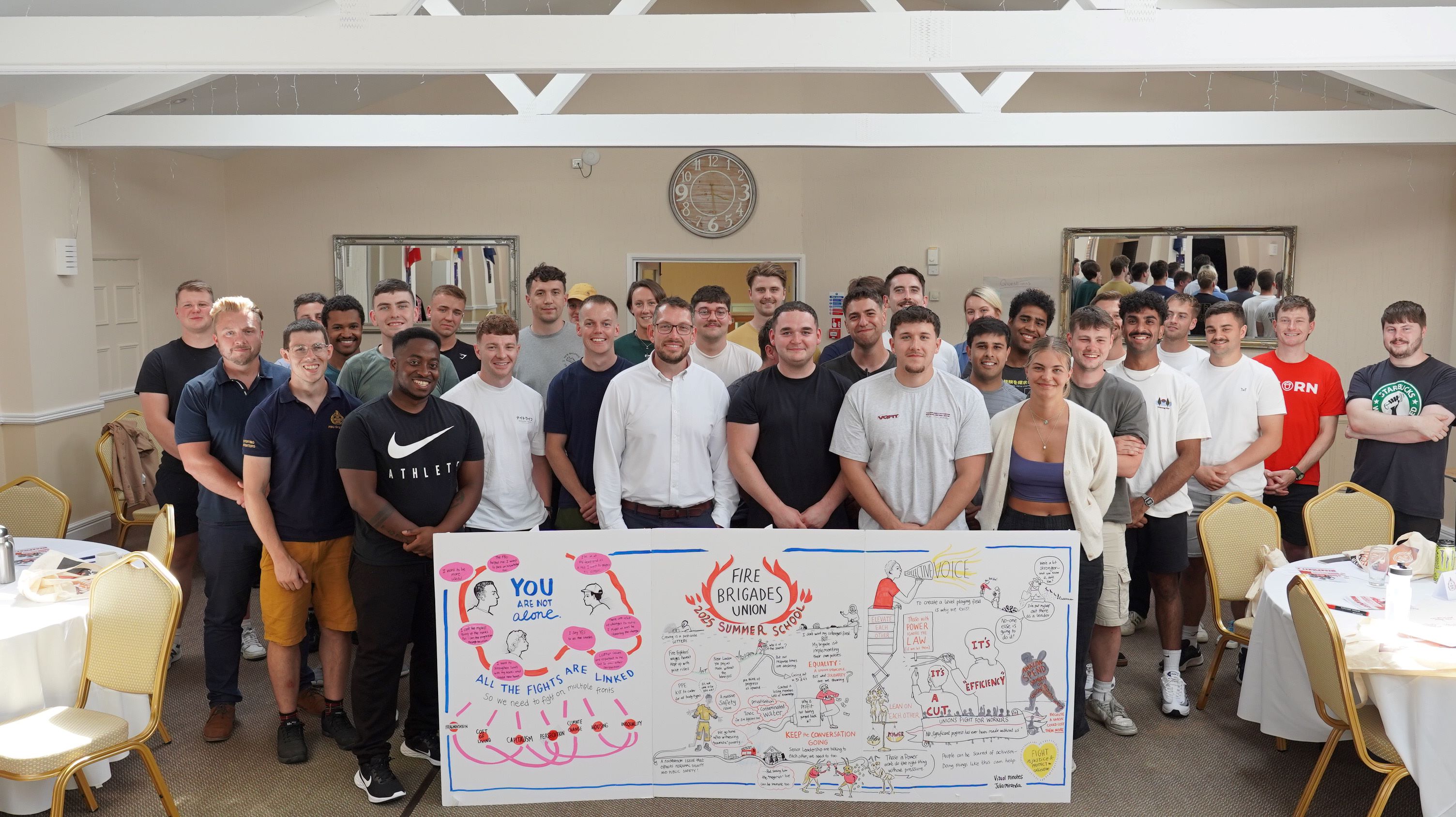 FBU young members gather around a banner with illustrations from discussions around the fire service 