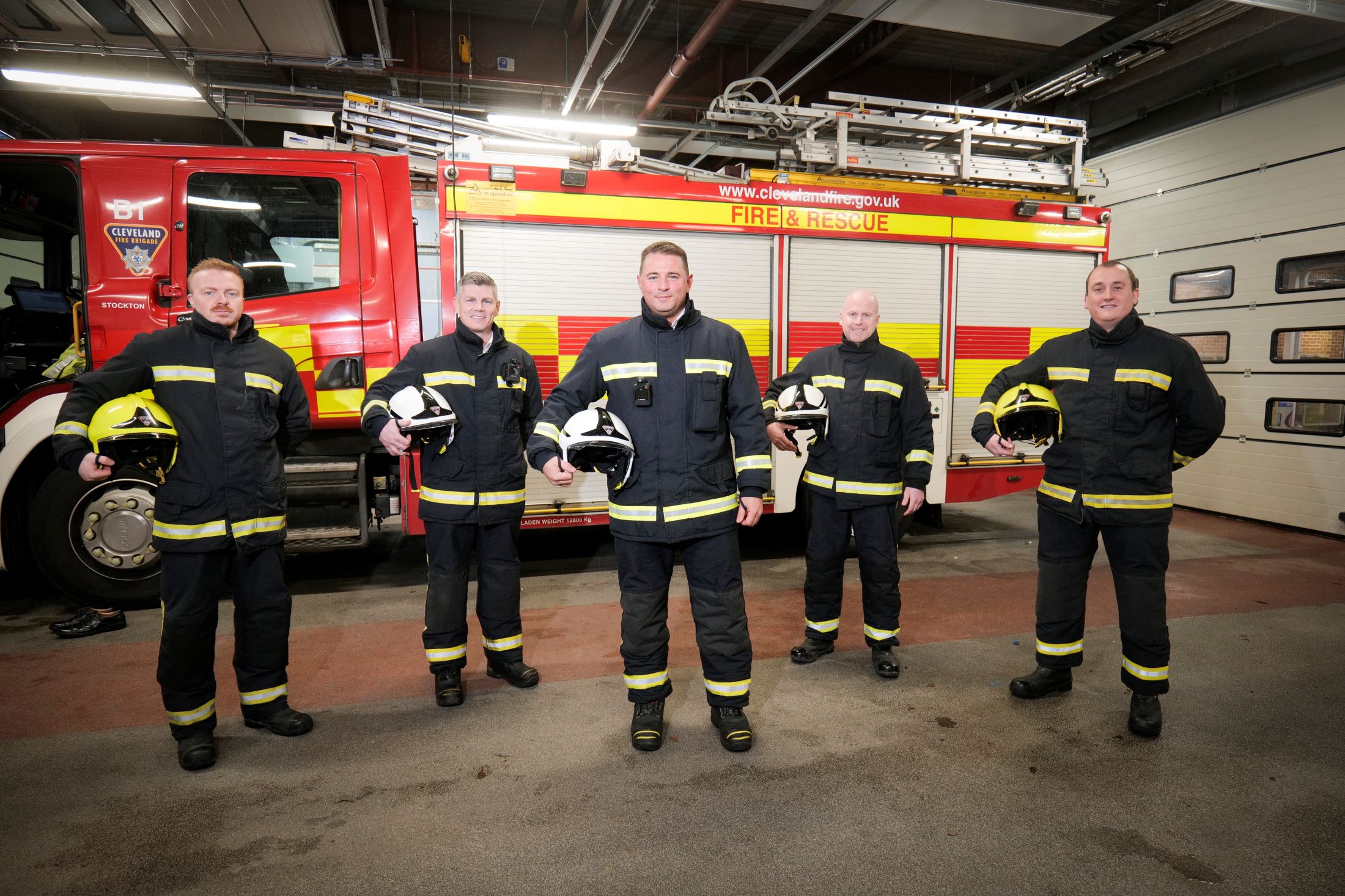 Cleveland firefighters in kit at Stockton fire station