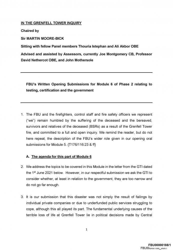 The first page of the FBU's Written Opening Submissions for Module 6 of Phase 2 of the Grenfell Tower Inquiry
