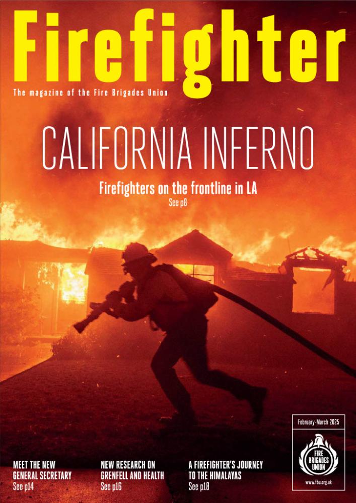 Cover of Feb March edition of Firefighter magazine featuring a firefighter pulling a hose through a burning street in LA