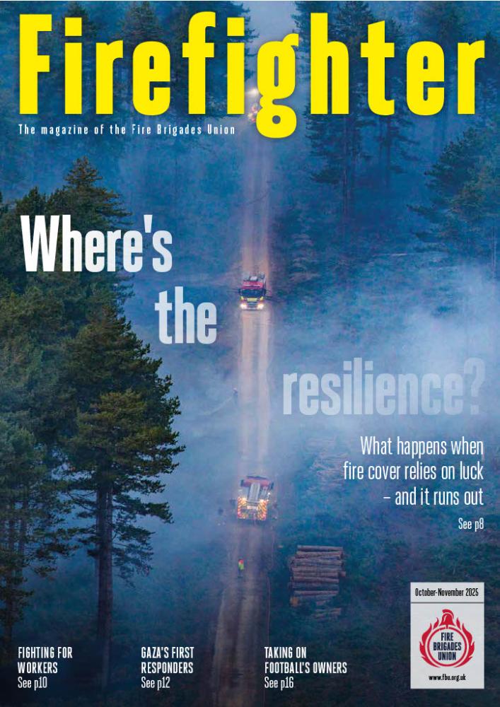 The cover image of Firefighter Oct / nov issue, with a photo of a misty landscape with multiple fire engines