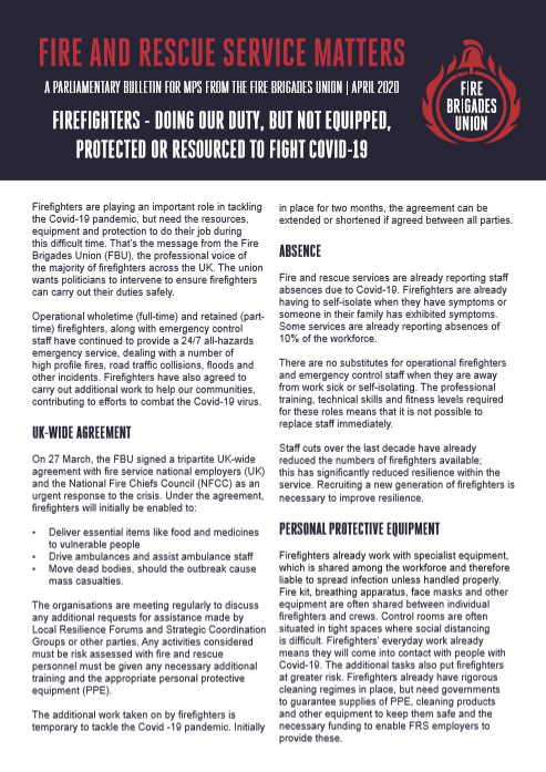 Cover Fire and Rescue Service Matters - Firefighters - doing our duty, but not equipped, protected, or resourced to fight COVID-19