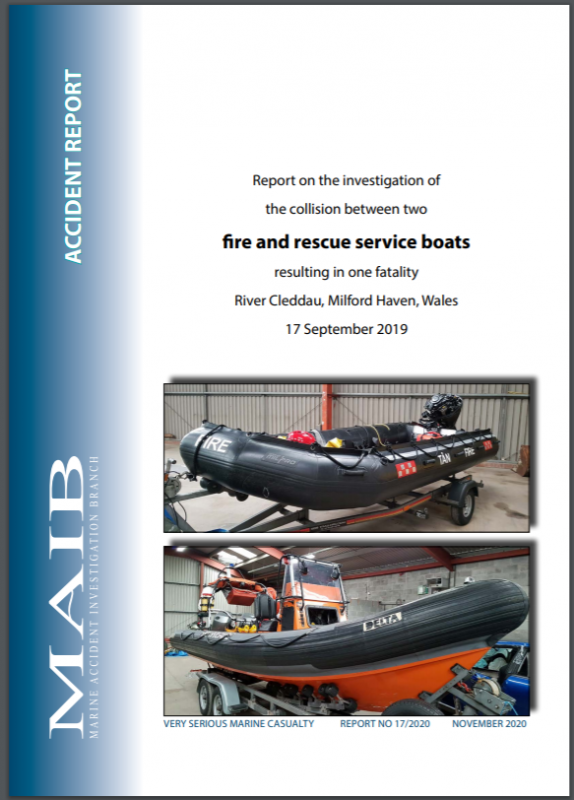 Cover MAIB Report on the investigation of the collision between two fire and rescue service boats resulting in one fatality River Cleddau, Milford Haven, Wales 17 September 2019