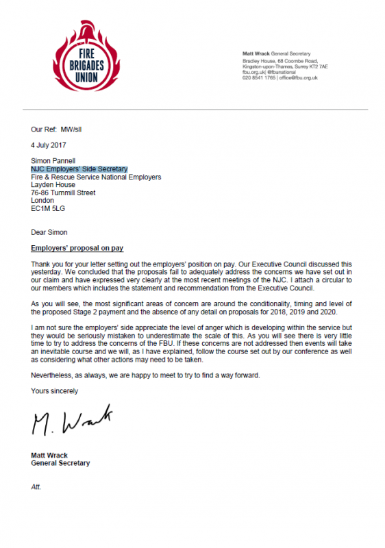 Cover Letter from the FBU to Simon Pannel re employersâ€™ proposal on pay