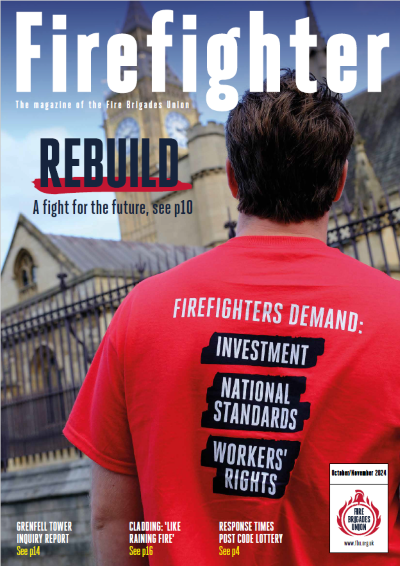 An FBU member wearing a t shirt reading 'Firefighters demand: investment, standards, workers' rights' looks at the houses of parliament