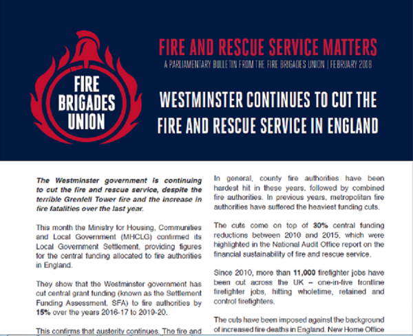 Cover Fire & Rescue Service Matters February 2018 Westminster continues to cut the fire and rescue service in England