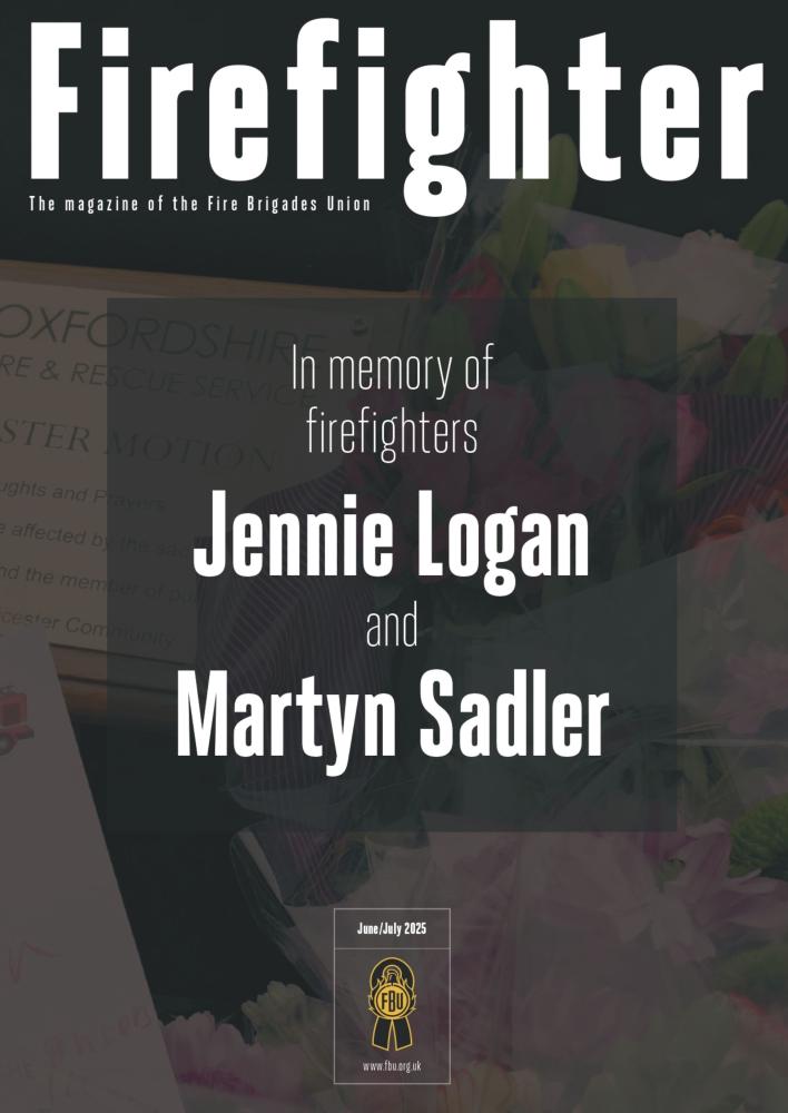 Cover of June July issue of Firefighter magazine featuring a dedication to Jennie Logan and Martyn Sadler