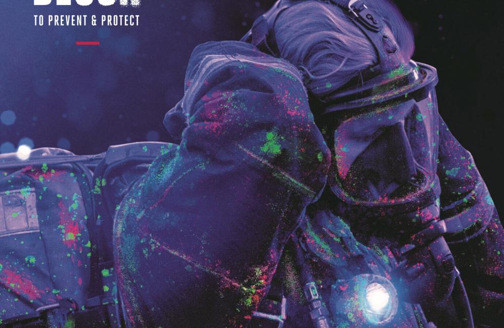 A stylised image of a firefighter adjusting their breathing apparatus, covered in contaminants 