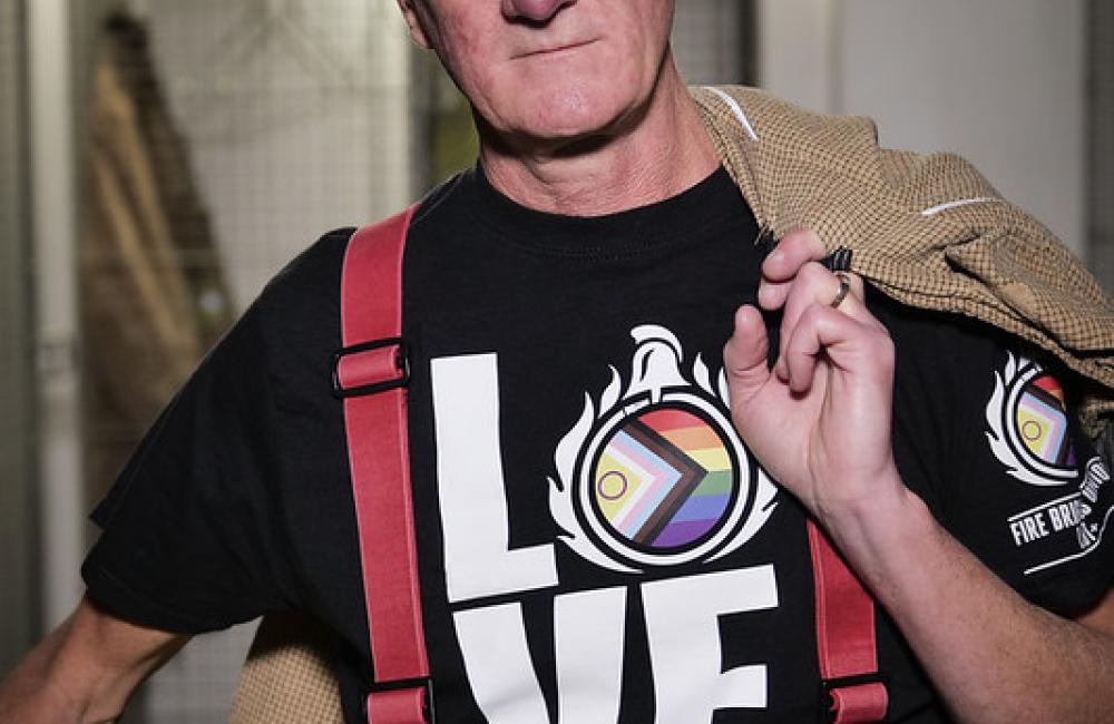Pat Carberry wearing a FBU LGBTQ+ t shirt