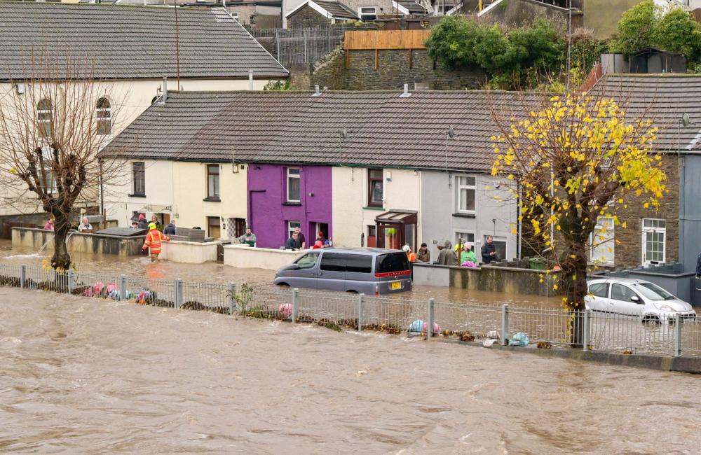A row of houses in Wales flooded by Storm Bert