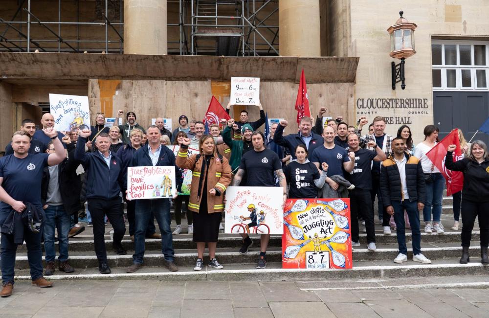Firefighters rally outside Gloucestershire council with banners against shift pattern changes