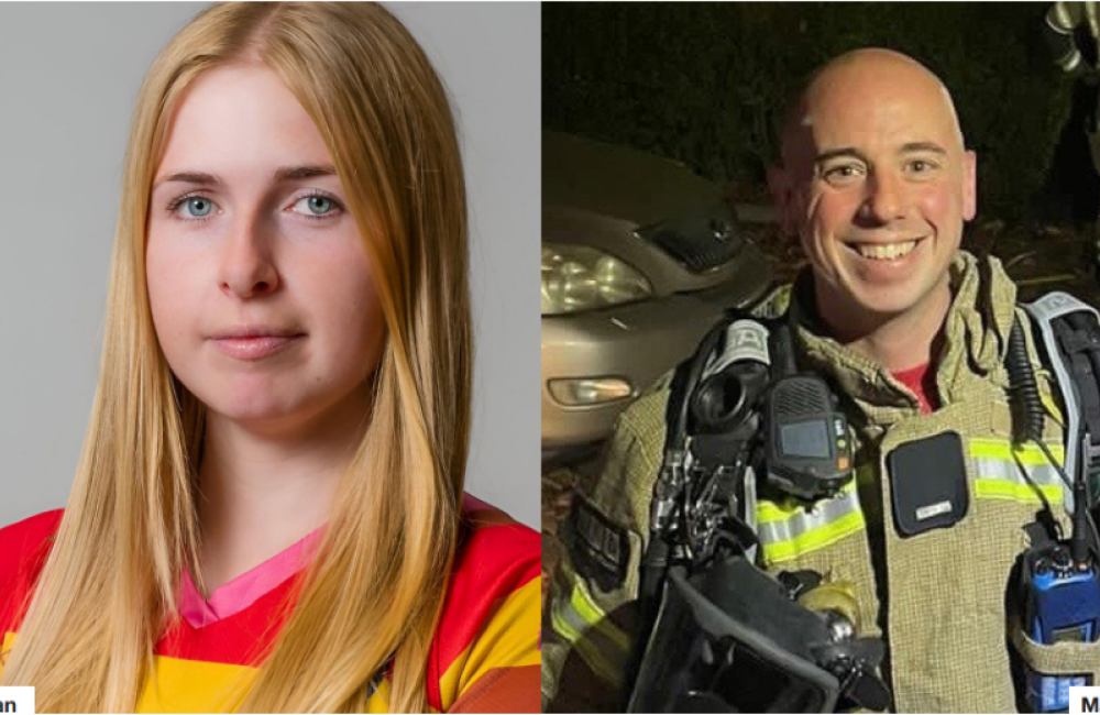 A photo of firefighter Jennie Logan smiling on left, with Maryn Sadler smiling in firefighter kit in photo on right