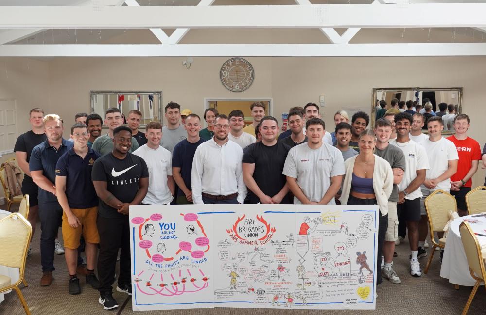 FBU young members gather around a banner with illustrations from discussions around the fire service 