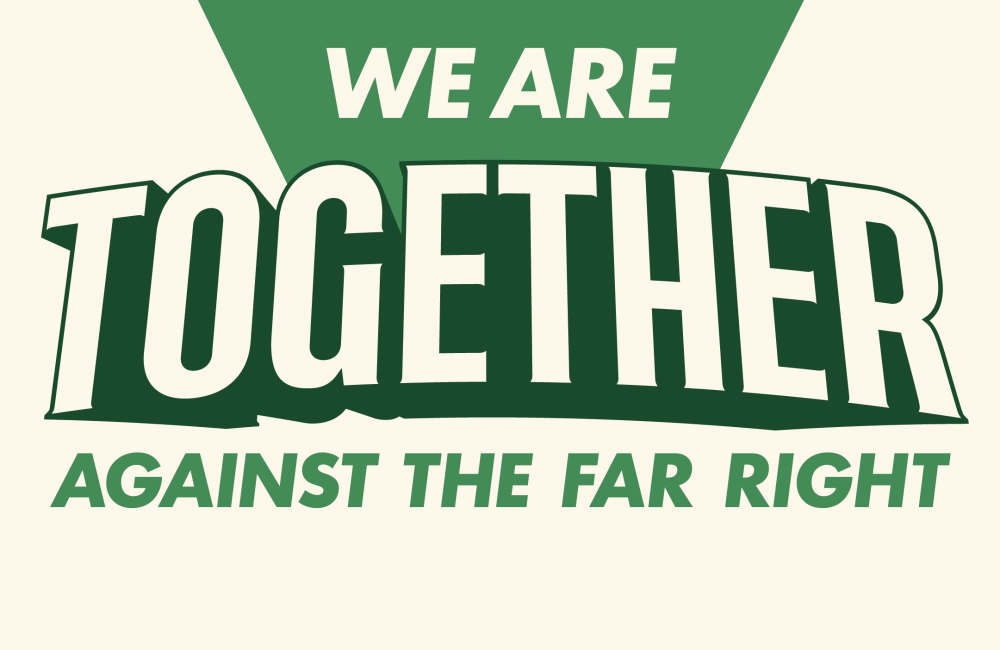 The logo of the TOGETHER alliance. Green and cream colours... "We are together against the far right"