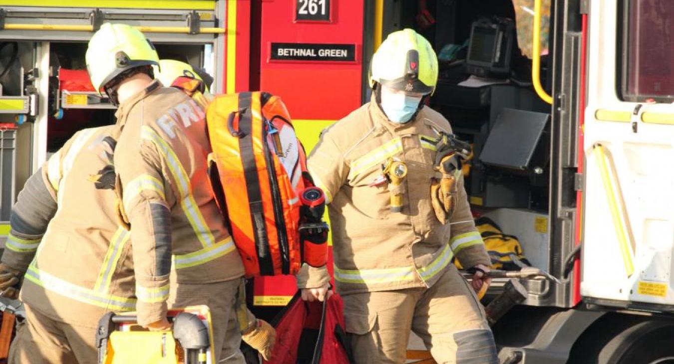 London firefighters arrive at a fire call in surgical mask PPE c Paul Wood small file