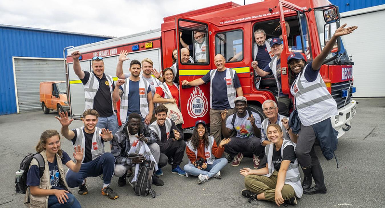 firefighters fire engine group