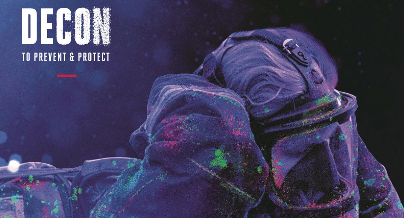 A stylised image of a firefighter adjusting their breathing apparatus, covered in contaminants 