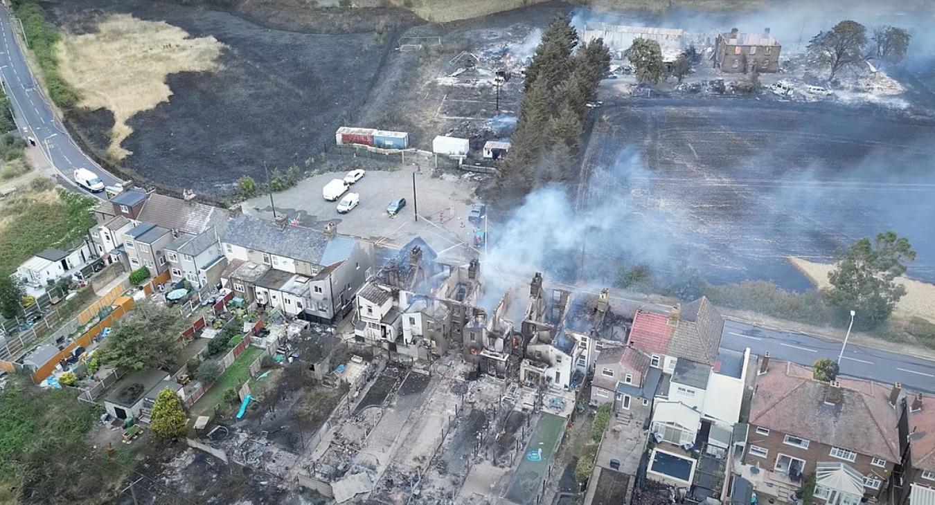 Aerial view of Wennington in aftermath of 2022 fire