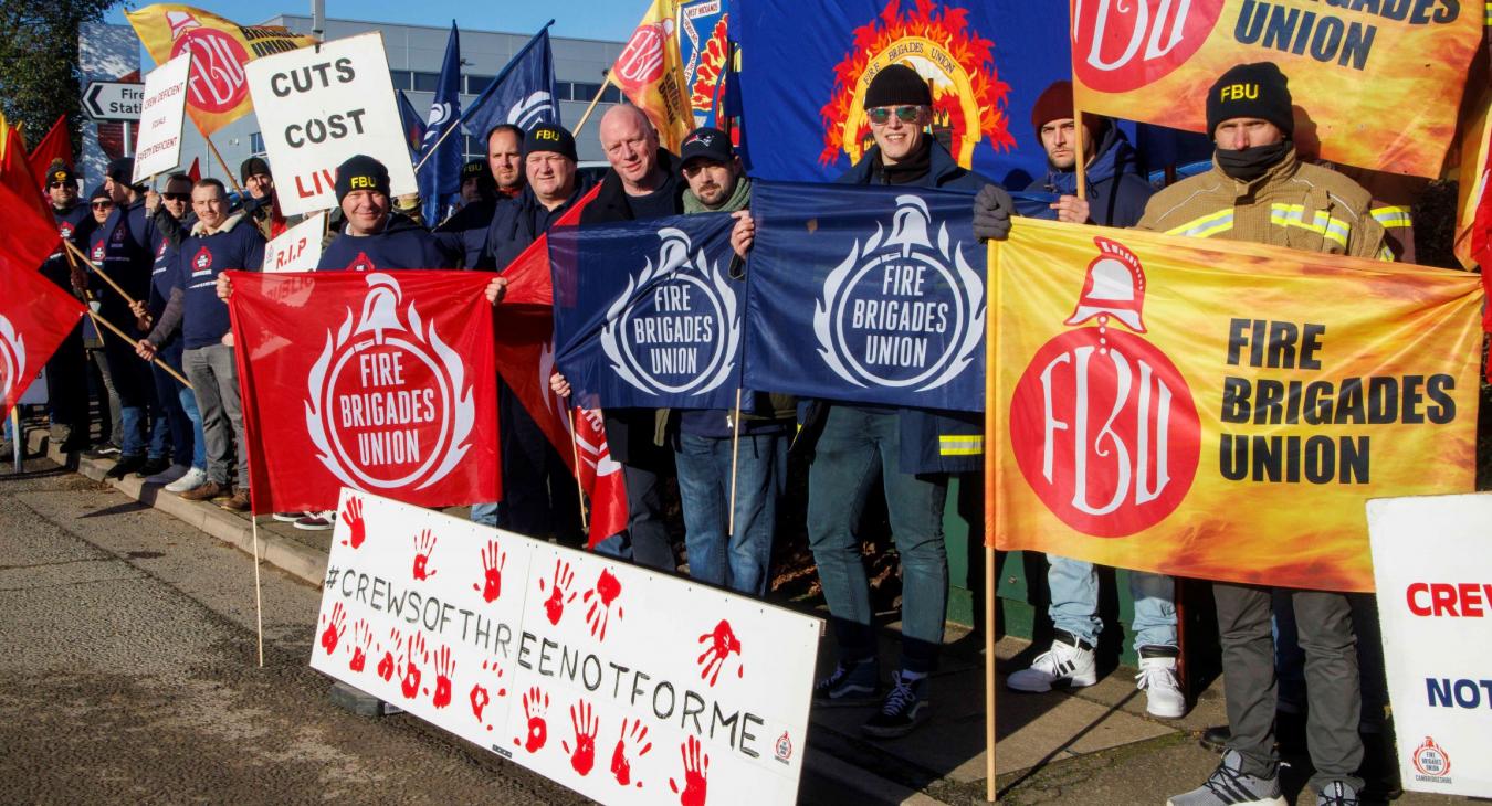 FBU members at rally against crews of 3 with Matt Wrack