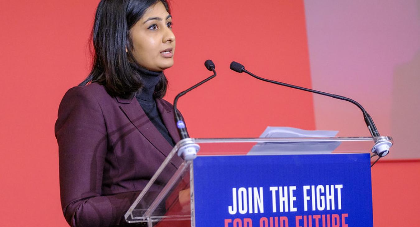 Zarah Sultana speaking at firefighter's manifesto rally