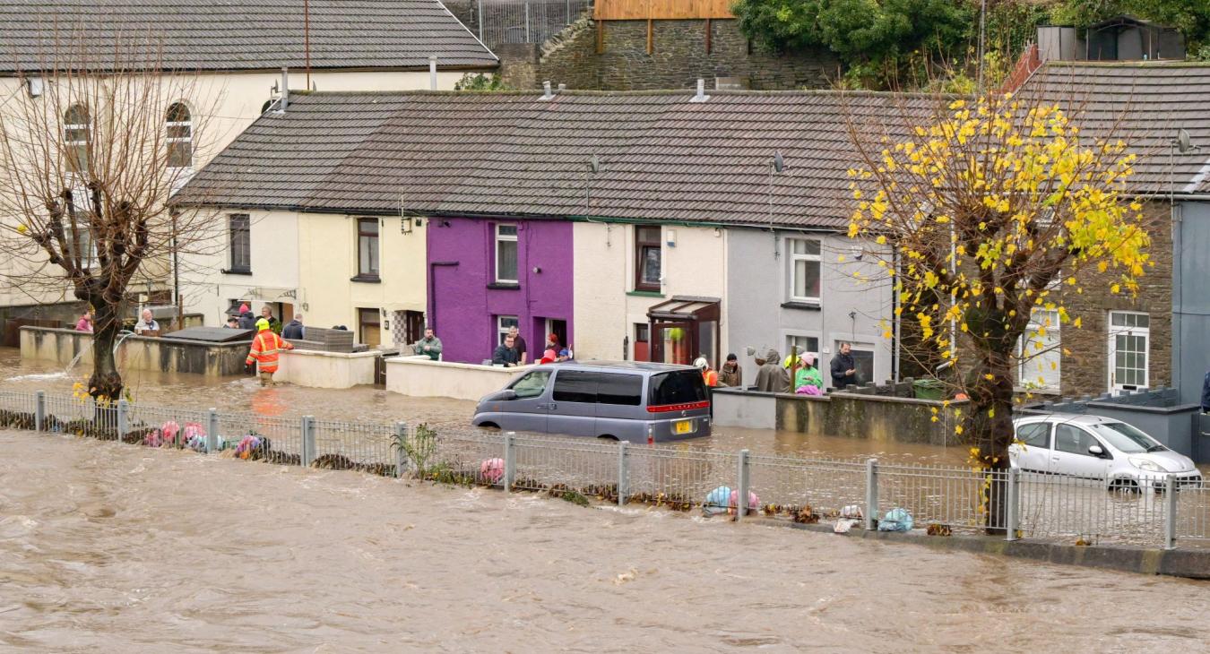 A row of houses in Wales flooded by Storm Bert