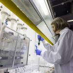 A scientist in lab coat tests samples in a lab