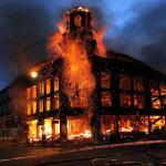 A department store on fire during the London riots