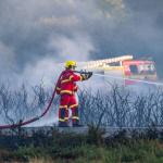 Firefighter with hose at Holt Heath wildfire